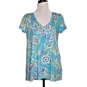 Lilly Pulitzer Etta V-Neck Tee Bermuda Blue Turtle Size Small